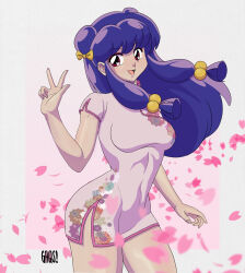Rule 34 | 1girl, absurdres, bell, blush, braid, breasts, china dress, chinese clothes, chinese text, copyright request, double bun, dress, gaqs001, hair bell, hair bun, hair ornament, highres, long hair, looking at viewer, medium breasts, open mouth, petals, purple hair, ranma 1/2, red eyes, shampoo (ranma 1/2), signature, smile, solo, v