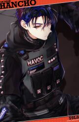 Rule 34 | 1boy, black hair, black jacket, black vest, blue hair, chain, chain necklace, closed mouth, facing to the side, highres, inukai yuto, jacket, jewelry, male focus, multicolored hair, necklace, paradox live, red eyes, short hair, sirofuku414, solo, turtleneck, twitter username, vest