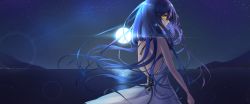 Rule 34 | 1girl, aidesa, backless dress, backless outfit, backlighting, bad id, bad pixiv id, bare arms, bare shoulders, black choker, black ribbon, blue hair, choker, city lights, dress, earrings, from side, full moon, glowing, glowing earrings, hair ornament, hairclip, highres, horizon, jewelry, lens flare, long hair, looking at viewer, looking to the side, moon, moonlight, night, night sky, ocean, original, profile, ribbon, shooting star, sideways glance, sky, solo, star (sky), starry sky, upper body, very long hair, white dress