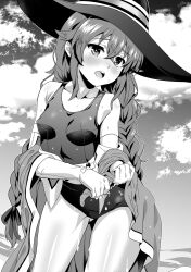 Rule 34 | 1girl, alternate breast size, black ribbon, blush, braid, breasts, cloak, cloud, covered erect nipples, elbow gloves, eyebrows hidden by hair, feet out of frame, fuyumi kazuki, gloves, gluteal fold, greyscale, hair between eyes, hair ribbon, hat, head tilt, highres, long bangs, long hair, medium breasts, monochrome, mushoku tensei, ocean, one-piece swimsuit, open mouth, ribbon, roxy migurdia, sky, solo, swimsuit, teeth, twin braids, upper teeth only, very long hair, wet, wet clothes, white gloves, witch hat, wringing clothes