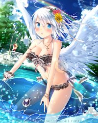 Rule 34 | 1girl, angel wings, bikini, black bikini, blue eyes, blush, bracelet, breasts, cleavage, cross, cross necklace, falkyrie no monshou, flower, hair flower, hair ornament, hairband, inflatable toy, inflatable whale, jewelry, large breasts, looking at viewer, natsumekinoko, navel, necklace, official art, parted lips, short hair, silver hair, sitting, sunflower, sunflower hair ornament, sweatdrop, swimsuit, wings