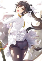 Rule 34 | 1girl, ass, azur lane, black hair, blurry, blurry background, blush, bow, bra, breasts, brown eyes, cannon, covering privates, covering chest, damaged, from behind, hair bow, highres, jacket, katana, large breasts, long hair, looking at viewer, looking back, panties, panties under pantyhose, pantyhose, ponytail, ribbon, rigging, sheath, sheathed, sidelocks, skirt, solo, sword, takao (azur lane), thighband pantyhose, torn clothes, torn pantyhose, turret, underwear, very long hair, weapon, white bow, white bra, white jacket, white panties, white skirt, yano mitsuki (nanairo)