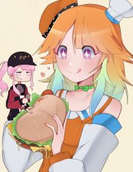 Rule 34 | :p, baseball cap, bow choker, burger, chef hat, chicken leg, crop top, earrings, eating, fast food, feather earrings, feathers, food, food on face, gradient hair, hat, highres, holding, holding food, hololive, hololive english, jacket, jewelry, maplemersh26, mori calliope, multicolored hair, official alternate costume, orange hair, orange headwear, pink hair, ponytail, purple eyes, red eyes, takanashi kiara, tongue, tongue out, track jacket, virtual youtuber