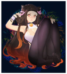 Rule 34 | 1girl, animal ears, armpits, bell, black pantyhose, border, breasts, brown hair, cat ears, cat girl, cleavage cutout, clothing cutout, collar, fang, full body, gradient hair, hair ribbon, hand in own hair, hand on own knee, heart cutout, highres, kamado nezuko, kemonomimi mode, kimetsu no yaiba, large breasts, lis zhu long, long hair, looking at viewer, multicolored hair, neck bell, open mouth, panties, panties under pantyhose, pantyhose, pink eyes, pink ribbon, red hair, ribbon, solo, underwear, very long hair, white border, wristband