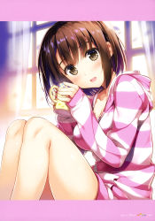 Rule 34 | 1girl, absurdres, bare legs, blush, breasts, brown eyes, brown hair, cleavage, coffee mug, collarbone, cup, curtains, day, english text, framed image, fujima takuya, head tilt, heart, heart print, highres, holding, holding cup, hood, hooded jacket, indoors, jacket, katou megumi, knees up, letterboxed, looking at viewer, medium breasts, mug, no pants, official art, open mouth, page number, pink lips, round teeth, saenai heroine no sodatekata, scan, short hair, sitting, smile, solo, striped clothes, striped jacket, sunlight, teeth, tongue, window, zipper