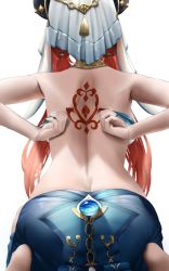 Rule 34 | 1girl, ass, back, back focus, back tattoo, bare arms, bare back, bare shoulders, dressing, facing away, from behind, genshin impact, highres, horns, jewelry, long hair, low twintails, median furrow, neck ring, nilou (genshin impact), red hair, seiza, simple background, sitting, skirt, solo, tassel, tattoo, twintails, veil, vision (genshin impact), white background, yumeto (ym-1)