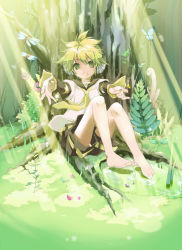 Rule 34 | 1boy, barefoot, blonde hair, bug, butterfly, dragonfly, feet, flower, green eyes, headphones, hekicha, highres, insect, kagamine len, male focus, necktie, outstretched arms, outstretched hand, plant, sitting, smile, solo, tree, vocaloid, yellow necktie