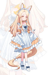 Rule 34 | 1girl, absurdres, alternate costume, animal, animal ear fluff, animal ears, apron, bird, blonde hair, blue archive, blush, breasts, closed mouth, collarbone, detached sleeves, dress, enmaided, extra ears, fox ears, full body, halo, high heels, highres, long hair, looking at viewer, maid, maid apron, maid headdress, seia (blue archive), simple background, small breasts, smile, socks, solo, white apron, white background, white bird, white footwear, white socks, yellow dress, yellow eyes, yellow halo, yeogpu (seung832222), zoom layer