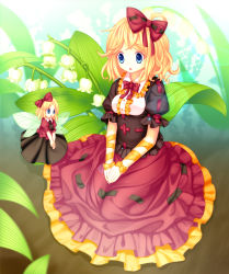 Rule 34 | 1girl, 33paradox, bad id, bad pixiv id, blonde hair, blue eyes, bow, dress, female focus, hair bow, highres, insect wings, medicine melancholy, open mouth, ribbon, ringpearl, short hair, solo, su-san, touhou, wings