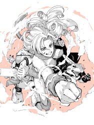 Rule 34 | 1boy, 1girl, 1other, ayla (chrono trigger), breasts, cape, chrono trigger, foreshortening, frog (chrono trigger), gloves, highres, holding, holding sword, holding weapon, laser, long hair, medium breasts, monochrome, open mouth, pink background, punching, robo (chrono trigger), robot, shiomiya iruka, smile, smoke, sword, weapon, wristband