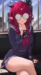 Rule 34 | 1girl, ass, black shirt, black skirt, braid, coke-bottle glasses, collarbone, crossed legs, double halo, elazu, flower, glasses, hair flower, hair ornament, halo, highres, hololive, hololive english, horns, indoors, irys (gaming casual) (hololive), irys (hololive), long hair, multicolored hair, official alternate costume, opaque glasses, pleated skirt, pointy ears, purple hair, red hair, revision, round eyewear, shirt, sitting, skirt, smile, solo, star halo, streaked hair, thighs, twin braids, two-tone hair, unworn neckerchief, virtual youtuber