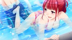 Rule 34 | 1boy, 1girl, bare shoulders, barefoot, bikini, blush, breasts, bulge, cleavage, erection, erection under clothes, feet, footjob, game cg, hair up, hanekura tomoe, hetero, hitozuma swimming club, ino (magloid), interheart, legs, looking back, open mouth, partially submerged, pink eyes, pool, red hair, small breasts, smile, solo focus, swimsuit, thighs, toes, water, wet