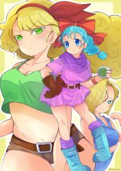 Rule 34 | 3girls, android 18, aqua eyes, aqua footwear, aqua hair, belt, black belt, black gloves, blonde hair, blouse, blue eyes, blue hair, blue shirt, blush, boots, bow, braid, braided ponytail, breasts, brown shorts, bulma, cleavage, closed mouth, collared shirt, cropped shirt, dragon ball, dragon ball (classic), dragonball z, dress, frown, glaring, gloves, green eyes, green shirt, hair over one eye, hair pulled back, hair ribbon, hair tie in mouth, hand on own hip, highres, holding, holster, leaning forward, long hair, looking at viewer, looking to the side, lunch (bad) (dragon ball), lunch (dragon ball), medium breasts, micro shorts, midriff, mouth hold, multiple girls, namatyoco, navel, open mouth, pink dress, ponytail, purple legwear, red bow, red ribbon, ribbon, shirt, short dress, short hair, short sleeves, shorts, single braid, smile, socks, standing, standing on one leg, tank top, thigh gap, twitter username