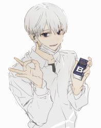 Rule 34 | 1boy, :d, bad id, bad tumblr id, bags under eyes, blue eyes, cigarette pack, grey background, hands up, hirota tsuu, holding, long sleeves, looking at viewer, male focus, mask, mouth mask, ok sign, open mouth, original, silver hair, simple background, sketch, smile, solo, surgical mask, upper body