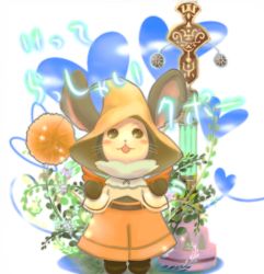 Rule 34 | 00s, animal ears, bad id, bad pixiv id, blush, rabbit ears, creature, dress, final fantasy, final fantasy xii, hat, long sleeves, moogle, no humans, open mouth, orange dress, plant, solo, standing, vines, witch hat, yukisen