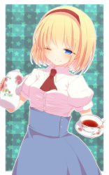 Rule 34 | 1girl, alice margatroid, aoi (annbi), ascot, blonde hair, blue eyes, cup, hairband, meme attire, one eye closed, puffy short sleeves, puffy sleeves, short sleeves, smile, solo, teacup, teapot, touhou, virgin killer outfit