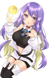 Rule 34 | 1girl, belt, boots, breasts, crop top, full moon, highres, hololive, hololive indonesia, jacket, large breasts, long hair, midriff, moon, moona hoshinova, moona hoshinova (1st costume), navel, off-shoulder jacket, off shoulder, purple eyes, purple hair, rissaaaan, shorts, solo, thigh boots, thighhighs, virtual youtuber, white background
