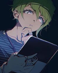 Rule 34 | 1boy, amami rantaro, black background, collarbone, commentary request, danganronpa (series), danganronpa v3: killing harmony, ear piercing, earrings, from below, green eyes, green hair, grgrton, hair between eyes, hand on own chin, hand up, holding, jewelry, male focus, necklace, notepad, piercing, ring, shirt, short hair, solo, striped clothes, striped shirt, thumb ring, upper body