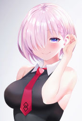 Rule 34 | 1girl, bare shoulders, black dress, blush, breasts, dress, fate/grand order, fate (series), hair over one eye, highres, large breasts, light purple hair, looking at viewer, mash kyrielight, necktie, purple eyes, sabi (rupf2384), short hair, smile, solo