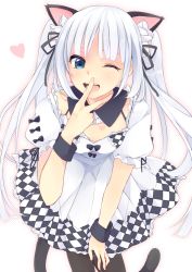 Rule 34 | 10s, 1girl, ;d, alternate costume, animal ears, bad id, bad pixiv id, black pantyhose, blue eyes, cat ears, cat girl, cat tail, checkered clothes, checkered dress, detached collar, dress, finger to mouth, hair ribbon, halftone, heart, heart-shaped pupils, leaning forward, long hair, miss monochrome, miss monochrome (character), one eye closed, open mouth, pantyhose, ribbon, sakuragi yuzuki, simple background, smile, solo, symbol-shaped pupils, tail, twintails, white hair, wink