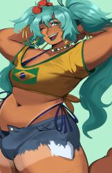 Rule 34 | 1girl, ;d, absurdres, aqua background, aqua eyes, aqua hair, arms behind head, arms up, bangle, bead choker, bikini, blue lips, blue shorts, bracelet, brazilian flag, brazilian flag print, brazilian miku, breasts, commentary, crop top, dark-skinned female, dark skin, denim, denim shorts, earrings, english commentary, flower, glint, gold earrings, hair flower, hair ornament, hatsune miku, highres, jewelry, legs up, lipstick, long hair, looking at viewer, makeup, medium breasts, midriff, navel, one eye closed, open mouth, partially unbuttoned, plump, puzzledartist, rectangular earrings, red flower, shirt, short shorts, short sleeves, shorts, shorts tan, side-tie bikini bottom, simple background, smile, solo, swimsuit, swimsuit under clothes, tan, tanline, tanline peek, thick thighs, thighs, tied shirt, twintails, very long hair, vocaloid, yellow shirt