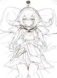 Rule 34 | 1girl, :o, animal ears, arknights, bed, blush, bra, cow ears, cow girl, cow horns, crossed bangs, flower, flower on head, gloves, greyscale, hair between eyes, half-closed eyes, heart, heart-shaped pupils, highres, hood, hood up, hooded shirt, horns, knees together feet apart, looking at viewer, lying, monochrome, on back, on bed, pallas (arknights), parted lips, partially unbuttoned, pillow, pouch, raigou, sidelocks, sketch, skirt, solo, straight-on, sweat, symbol-shaped pupils, underwear