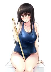 Rule 34 | 1girl, :o, black hair, blue one-piece swimsuit, blush, breasts, broom, brown eyes, cleavage, collarbone, commentary request, cowboy shot, highres, holding, holding broom, kotegawa yui, large breasts, long hair, looking at viewer, one-piece swimsuit, parted lips, realman, school swimsuit, simple background, sitting, solo, swimsuit, to love-ru, white background