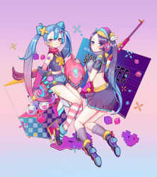 Rule 34 | 2girls, :|, alternate costume, alternate hair color, alternate hairstyle, arcade, blue hair, blush, braid, breasts, caitlyn (league of legends), cleavage, closed mouth, crane game, crop top, fingerless gloves, flat chest, gloves, gun, jewelry, jinx (league of legends), league of legends, long hair, looking at viewer, makeup, medium breasts, meowlian, midriff, miniskirt, multiple girls, nail polish, nose, pink eyes, rifle, short shorts, shorts, skirt, smile, sniper rifle, tattoo, twin braids, twintails, very long hair, weapon