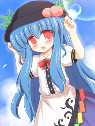 Rule 34 | 1girl, blue hair, blush, bow, female focus, food, food as clothes, fruit, hat, hinanawi tenshi, lens flare, long hair, peach, red eyes, ry (yagoyago), solo, touhou