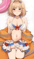 Rule 34 | 1girl, akita hika, bare shoulders, bikini, blonde hair, blush, breasts, brown eyes, cleavage, clothes lift, coat, collarbone, cowboy shot, djeeta (granblue fantasy), granblue fantasy, highres, innertube, lifting own clothes, long sleeves, looking at viewer, medium breasts, miniskirt, navel, nose blush, official alternate costume, open clothes, open coat, orange coat, parted lips, short hair, skirt, skirt lift, smile, solo, stomach, sweat, swim ring, swimsuit, thigh gap, thigh strap, white bikini, white skirt, wrist cuffs