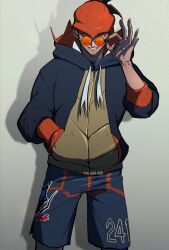 1boy adjusting_eyewear black_hoodie creatures_(company) dark-skinned_male dark_skin drawstring drop_shadow game_freak glasses grey_background hand_in_pocket highres hood hood_down hoodie looking_at_viewer male_focus mizuna237 nintendo orange-tinted_eyewear pokemon pokemon_swsh raihan_(pokemon) round_eyewear solo tinted_eyewear