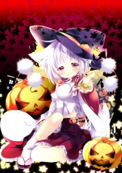 Rule 34 | 1girl, alternate headwear, animal ears, autumn leaves, candy, detached collar, hat, hat ribbon, hikanyan, inubashiri momiji, jack-o&#039;-lantern, lollipop, long sleeves, looking at viewer, mouth hold, outstretched arm, pink eyes, pom pom (clothes), ribbon, shirt, silver hair, sitting, skirt, smile, solo, tail, touhou, wide sleeves, witch hat, wolf ears, wolf tail