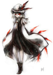 Rule 34 | 1girl, akaitera, albino, alternate costume, arms behind back, ascot, bad id, bad pixiv id, boots, crazy eyes, dark persona, dress, embodiment of scarlet devil, evil grin, evil smile, female focus, flandre scarlet, full body, grin, hat, highres, looking at viewer, pale skin, red eyes, revision, short hair, simple background, smile, solo, touhou, wings
