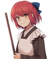 Rule 34 | 1girl, apron, blue bow, blush, bow, broom, brown kimono, closed mouth, commentary request, floating hair, frilled apron, frills, hair between eyes, hair bow, half updo, holding, holding broom, japanese clothes, kimono, kohaku (tsukihime), long sleeves, looking at viewer, maid, maid apron, nemu mohu, red hair, short hair, sidelocks, simple background, smile, solo, tsukihime, upper body, wa maid, white apron, white background, yellow eyes