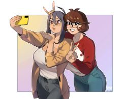 Rule 34 | 2girls, \m/, absurdres, black pants, border, borrowed character, breasts, brown eyes, brown jacket, camisole, cellphone, cleavage, commentary, dated, denim, english commentary, glasses, hair between eyes, highres, holding, holding phone, jacket, jeans, large breasts, leaning forward, making-of available, multiple girls, original, outside border, pants, parted lips, phone, raglan sleeves, red eyes, selfie, smartphone, snowcie, snowciel, sweater, v, white border, white camisole, white sweater