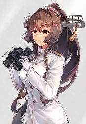 Rule 34 | binoculars, breasts, brown eyes, brown hair, cherry blossoms, flower, gloves, hair flower, hair ornament, highres, himeyamato, jacket, kantai collection, large breasts, long hair, military, military uniform, ponytail, self-upload, smile, solo, uniform, very long hair, white gloves, white jacket, yamato (kancolle)