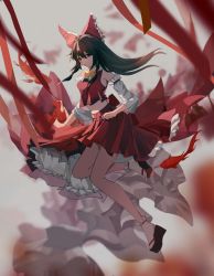 Rule 34 | 1girl, ascot, black hair, blurry, bobby socks, bow, brown eyes, commentary, depth of field, detached sleeves, fish, frilled bow, frilled skirt, frills, full body, hair bow, hakurei reimu, highres, long hair, looking at viewer, momosemomose, okobo, red bow, red ribbon, red skirt, red vest, ribbon, sandals, skirt, socks, solo, touhou, vest, white sleeves, white socks, yellow ascot