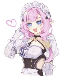 Rule 34 | 1girl, :d, blue eyes, blush, brown corset, buttons, choker, clothing cutout, commentary, corset, diamond button, double-breasted, dress, elbow gloves, elysia (honkai impact), elysia (miss pink elf), elysia (miss pink elf) (honkai impact), flower ornament, gloves, heart, honkai (series), honkai impact 3rd, long hair, looking at viewer, maid, maid headdress, open mouth, pink hair, pink pupils, piri, pointy ears, puffy short sleeves, puffy sleeves, short sleeves, side cutout, simple background, smile, solo, upper body, white background, white dress, white gloves