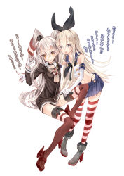Rule 34 | 10s, 218, 2girls, amatsukaze (kancolle), blonde hair, brown eyes, dress, elbow gloves, garter straps, gloves, kantai collection, long hair, looking at viewer, md5 mismatch, multiple girls, personification, sailor dress, school uniform, serafuku, shimakaze (kancolle), short dress, silver hair, striped clothes, striped legwear, striped thighhighs, thighhighs, translation request, twintails, two side up, zettai ryouiki