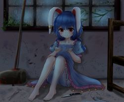 Rule 34 | 1girl, against wall, ambiguous red liquid, animal ears, arms up, barefoot, bloomers, blue dress, blue hair, blush, chair, chopsticks, collarbone, commentary request, crying, crying with eyes open, cup, dress, drinking glass, earclip, expressionless, hair between eyes, highres, indoors, kayon (touzoku), kine, knees up, knife, looking at viewer, low twintails, mallet, mold, on floor, open hands, puffy short sleeves, puffy sleeves, rabbit ears, rain, red eyes, seiran (touhou), short hair, short sleeves, solo, spill, tears, touhou, twintails, underwear, window