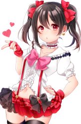 Rule 34 | 1girl, bad id, bad twitter id, black bow, black hair, black skirt, black thighhighs, bokura wa ima no naka de, bow, bowtie, center opening, choker, collarbone, cowboy shot, earrings, fingerless gloves, frilled choker, frilled shirt collar, frilled skirt, frills, gloves, hair bow, hand on own hip, heart, highres, inactive account, jewelry, looking at viewer, love live!, love live! school idol project, miniskirt, navel, pink bow, pink bowtie, red bow, red eyes, red gloves, red skirt, short sleeves, shuga (0329tixi), simple background, skirt, solo, suspender skirt, suspenders, thigh gap, thighhighs, twintails, white background, yazawa nico