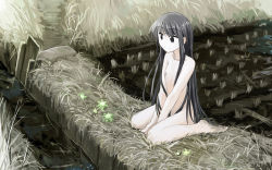 Rule 34 | 1girl, arm support, arms between legs, barefoot, black eyes, black hair, collarbone, completely nude, dirty, dirty feet, flat chest, full body, kneeling, long hair, nipples, no nose, nude, on grass, on ground, original, outdoors, roreru (rorerore-ya), signature, sitting, smile, solo, very long hair, wariza