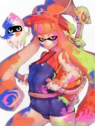 Rule 34 | 1girl, blooper (mario), breasts, cameltoe, cosplay, covered erect nipples, crossover, f.l.u.d.d., fang, fumio (rsqkr), gloves, hat, hime cut, inkling, inkling girl, inkling player character, looking at viewer, mario, mario (cosplay), mario (series), matching hair/eyes, monster girl, nintendo, one-piece swimsuit, orange eyes, orange hair, overalls, paint, paint splatter, raised eyebrow, school swimsuit, small breasts, smile, solo, splatoon (series), splatoon 1, squid, super mario sunshine, swimsuit, tentacle hair, thighs, twintails, white gloves