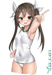 Rule 34 | 1girl, absurdres, alternate costume, armpits, blush, breasts, brown hair, covered navel, cowboy shot, green eyes, hair between eyes, hair ribbon, highres, kantai collection, long hair, looking at viewer, one-piece swimsuit, open mouth, ribbon, sailor collar, school swimsuit, simple background, small breasts, smile, solo, swimsuit, tf cafe, tone (kancolle), twintails, twitter username, white background, white one-piece swimsuit, white ribbon