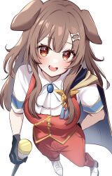 Rule 34 | 1girl, animal ears, arm behind back, ascot, blush, bone hair ornament, breasts, brown hair, cane, cape, commentary, cosplay, dog ears, dog girl, formal, from above, gold trim, hair ornament, head tilt, highres, holding, holding cane, hololive, inugami korone, jp (street fighter), jp (street fighter) (cosplay), looking at viewer, looking up, medium breasts, medium hair, open mouth, orange eyes, red suit, shoes, sidelocks, simple background, smile, solo, street fighter, street fighter 6, suit, virtual youtuber, white ascot, white background, white footwear, yamaruun