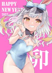Rule 34 | 1girl, 2023, absurdres, animal ears, bare legs, blonde hair, blue leotard, bow, breasts, brown eyes, cleavage, commentary request, covered navel, detached collar, grey hair, grin, hair bow, happy new year, heart, highres, leotard, long hair, looking at viewer, mochizuki himari, multicolored hair, new year, pink background, playboy bunny, rabbit ears, rabbit girl, rabbit tail, simple background, small breasts, smile, solo, strapless, strapless leotard, streaked hair, tail, uni create, virtual youtuber, wrist cuffs, yunagi921