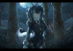 Rule 34 | 10s, 1girl, animal ears, black hair, black jacket, blue eyes, breasts, checkered clothes, checkered skirt, commentary, forest, full moon, fur collar, gloves, grey wolf (kemono friends), hand on own hip, heterochromia, jacket, kemono friends, koruse, letterboxed, long hair, long sleeves, looking at viewer, moon, moonlight, multicolored hair, nature, necktie, night, open mouth, skirt, solo, tail, tree, two-tone hair, wavy hair, white gloves, wolf ears, wolf tail, yellow eyes