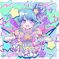 Rule 34 | 1girl, absurdres, bad id, bad twitter id, blue eyes, blue hair, blush, bow, dress, hair bun, hair ornament, highres, jewelry, looking at viewer, open mouth, pink bow, pink hair, pinon (pripara), pretty series, pripara, puffy short sleeves, puffy sleeves, purple hair, ribbon, satowa (circuit), short sleeves, sidelocks, skirt, smile, solo, star (symbol), star hair ornament, sticker on face, striped clothes, striped skirt