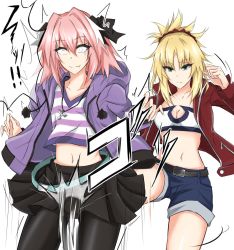 Rule 34 | &gt;:(, 1boy, 1girl, astolfo (fate), astolfo (memories at trifas) (fate), ball busting, bandeau, bdsm, belt, black bow, black pantyhose, black skirt, blonde hair, bow, breasts, cbt, cleavage, clenched hand, collarbone, commentary request, cowboy shot, crop top, crotch kick, denim, denim shorts, fang, fate/grand order, fate (series), femdom, green eyes, hair between eyes, hair bow, hood, hooded jacket, jacket, jewelry, medium breasts, midriff, mordred (fate), mordred (fate/apocrypha), mordred (memories at trifas) (fate), multicolored hair, official alternate costume, open clothes, open jacket, pantyhose, pendant, pink hair, pleated skirt, pom pom (clothes), purple jacket, red jacket, shirt, short shorts, shorts, simple background, skirt, smile, streaked hair, striped clothes, striped shirt, thighs, trap, v-shaped eyebrows, watarase piro, white background, white eyes, white hair