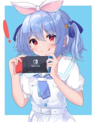 Rule 34 | !, 1girl, :q, absurdres, blue background, blue hair, carrot hair ornament, closed mouth, controller, food-themed hair ornament, game controller, hair ornament, highres, holding, holding controller, holding game controller, hololive, kuronekootuta, looking at viewer, nintendo switch, outside border, red eyes, short hair, simple background, smile, solo, tongue, tongue out, upper body, usada pekora, usada pekora (casual), virtual youtuber